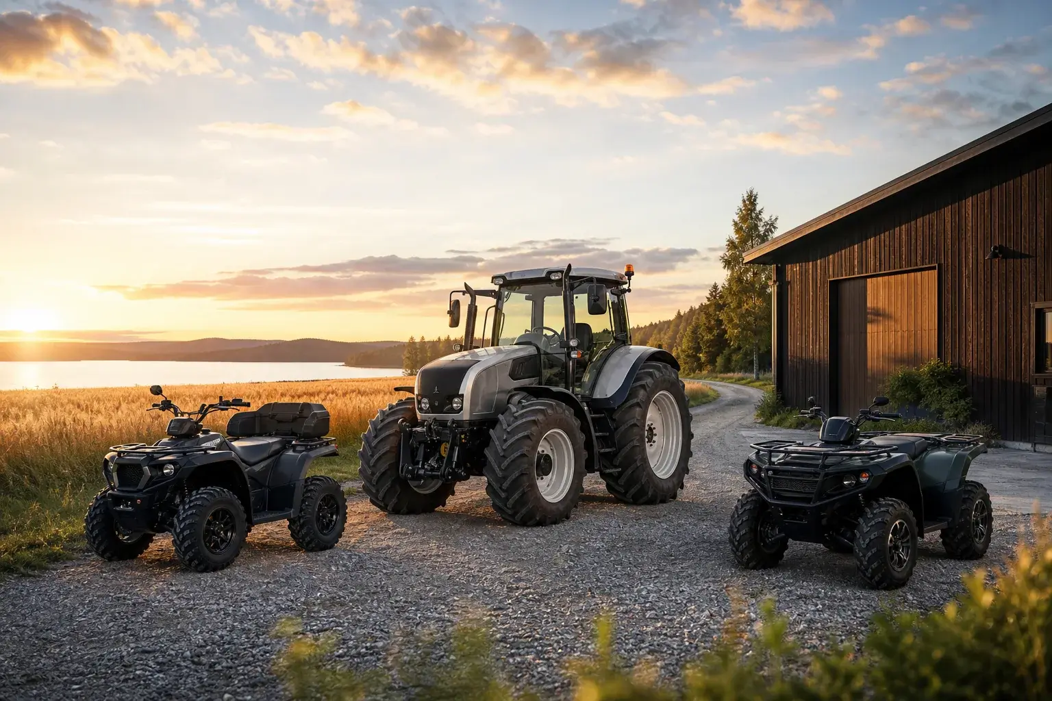 Traktori ja kaksi mönkijää suomalaisessa auringonlaskumaisemassa